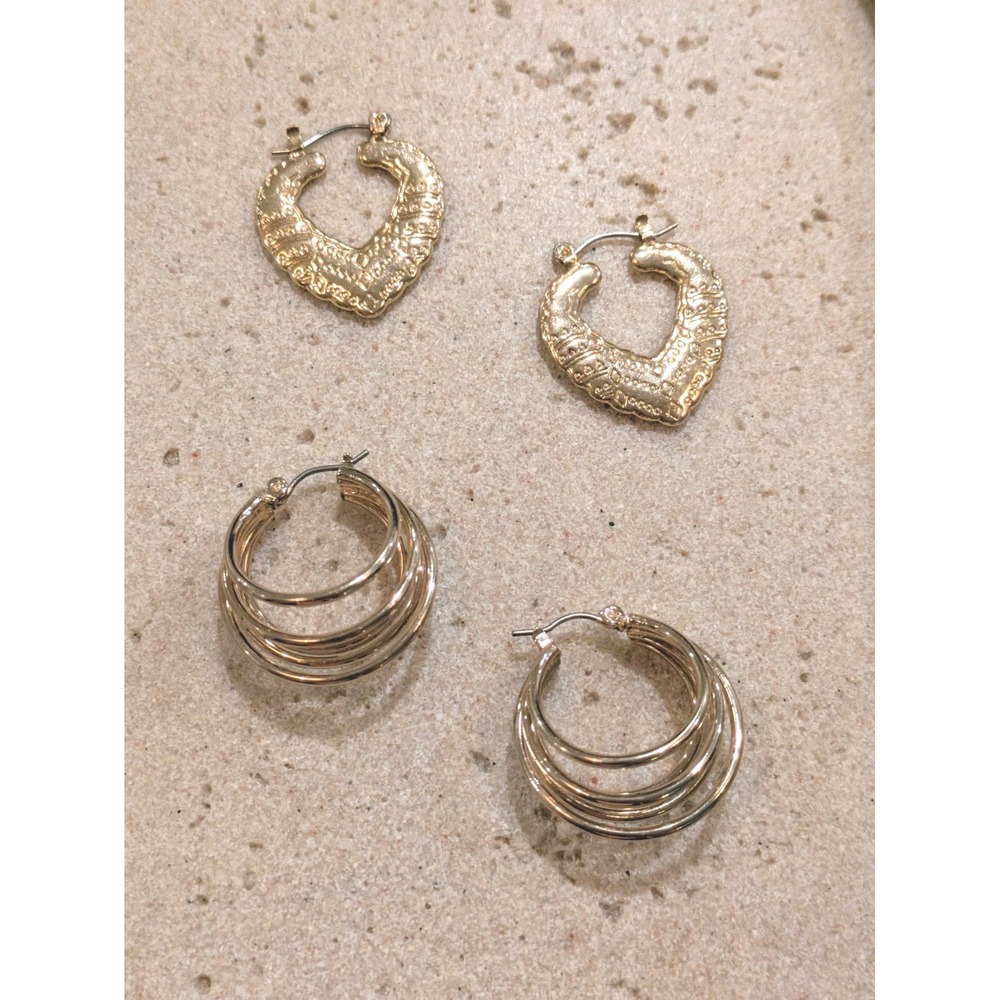 Gold Tone Earrings Set 2 Pair Heart Hoops Abstract Modernist Triple Ribbed Hoops